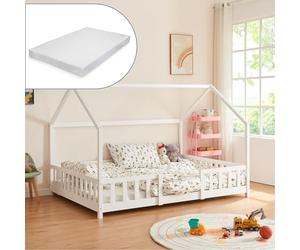 [en.casa] Lit Cabane avec Matelas à Mousse Froide Anti-Allergique Lit Enfant en Forme de Maison avec Sommier à Lattes Barrière de Sécurité Bois de Pin Contreplaqué 140 x 200 cm Blanc