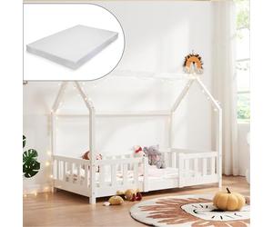 [en.casa] Lit Cabane avec Matelas à Mousse Froide Anti-Allergique Lit Enfant en Forme de Maison avec Sommier à Lattes Barrière de Sécurité Bois de Pin Contreplaqué 80 x 160 cm Blanc