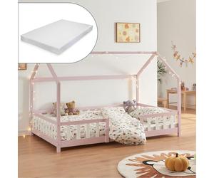 [en.casa] Lit Cabane avec Matelas à Mousse Froide Anti-Allergique Lit Enfant en Forme de Maison avec Sommier à Lattes Barrière de Sécurité Bois de Pin Contreplaqué 120 x 200 cm Rose Blanc
