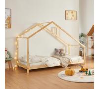 [en.casa] Lit Cabane Enfant en Forme de Maison Style Scandinave avec Sommier à Lattes - Capacité de Charge 100 kg - Bois de Pin Contreplaqué - 90 x 200 cm - Naturel