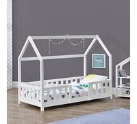 [en.casa] Lit Cabane Lit Enfant en Forme de Maison avec Sommier à Lattes avec Grille de Protection Confortable Capacité de Charge 50 kg Bois de Pin Contreplaqué 70 x 140 cm Blanc
