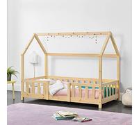 [en.casa] Lit Cabane Lit Enfant en Forme de Maison avec Sommier à Lattes avec Grille de Protection Confortable Capacité de Charge 70 kg Bois de Pin Contreplaqué 80 x 160 cm Naturel