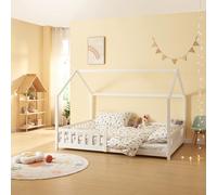 [en.casa] Lit Cabane Lit Enfant en Forme de Maison avec Sommier à Lattes avec Grille de Protection Confortable Capacité de Charge 150 kg Bois de Pin Contreplaqué 140 x 200 cm Blanc