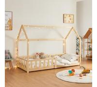 [en.casa] Lit Cabane Lit Enfant en Forme de Maison avec Sommier à Lattes avec Grille de Protection Confortable Capacité de Charge 120 kg Bois de Pin Contreplaqué 90 x 200 cm Naturel