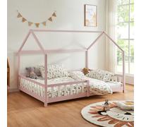 [en.casa] Lit Cabane Lit Enfant en Forme de Maison avec Sommier à Lattes avec Grille de Protection Confortable Capacité de Charge 150 kg Bois de Pin Contreplaqué 140 x 200 cm Rose