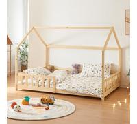 [en.casa] Lit Cabane Lit Enfant en Forme de Maison avec Sommier à Lattes avec Grille de Protection Confortable Capacité de Charge 150 kg Bois de Pin Contreplaqué 140 x 200 cm Naturel