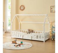 [en.casa] Lit Cabane Lit Enfant en Forme de Maison avec Sommier à Lattes avec Grille de Protection Confortable Capacité de Charge 120 kg Bois de Pin Contreplaqué 90 x 200 cm Blanc