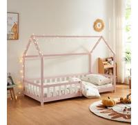 [en.casa] Lit Cabane Lit Enfant en Forme de Maison avec Sommier à Lattes avec Grille de Protection Confortable Capacité de Charge 120 kg Bois de Pin Contreplaqué 90 x 200 cm Rose