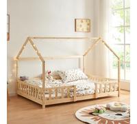 [en.casa] Lit Cabane Lit Enfant en Forme de Maison avec Sommier à Lattes avec Grille de Protection Confortable Capacité de Charge 150 kg Bois de Pin Contreplaqué 120 x 200 cm Naturel