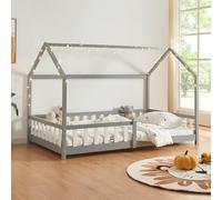 [en.casa] Lit Cabane Lit Enfant en Forme de Maison avec Sommier à Lattes avec Grille de Protection Confortable Capacité de Charge 150 kg Bois de Pin Contreplaqué 140 x 200 cm Gris