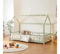 [en.casa] Lit Cabane Lit Enfant en Forme de Maison avec Sommier à Lattes avec Grille de Protection Confortable Capacité de Charge 120 kg Bois de Pin Contreplaqué 90 x 200 cm Vert Menthe Blanc