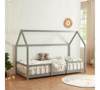 [en.casa] Lit Cabane Lit Enfant en Forme de Maison avec Sommier à Lattes avec Grille de Protection Confortable Capacité de Charge 120 kg Bois de Pin Contreplaqué 90 x 200 cm Gris Clair Blanc