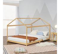 [en.casa] Lit Cabane Lit Enfant en Forme de Maison Robuste avec Sommier à Lattes pour Chambre d'enfant Design Moderne Capacité de Charge 200 kg Bambou 180 x 200 cm Naturel