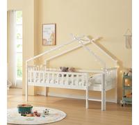 [en.casa] Lit Cabane Lit Enfant Surélevé en Forme de Maison avec Barrière de Protection Échelle Lit Mezzanine avec Sommier à Lattes Bois de Pin Contreplaqué 90 x 200 cm Blanc
