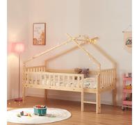 [en.casa] Lit Cabane Lit Enfant Surélevé en Forme de Maison avec Barrière de Protection Échelle Lit Mezzanine avec Sommier à Lattes Bois de Pin Contreplaqué 90 x 200 cm Naturel