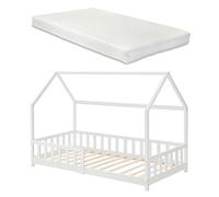 [en.casa] Lit Cabane Lit Simple en Forme de Maison avec Sommier à Lattes Barrière Protectrice Capacité 150 kg Matelas à Mousse Froid Bois de Pin Contreplaqué 90 x 200 cm Blanc