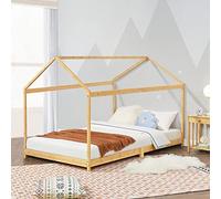 [en.casa] Lit Cabane Massif Lit Enfant en Forme de Maison Robuste avec Sommier à Lattes pour Chambre d'enfant Design Moderne Capacité de Charge 200 kg Bambou 90 x 200 cm Naturel