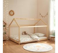 [en.casa] Lit Cabane pour Enfant avec Sommier à Lattes Lit Double en Forme de Maison sans Matelas Capacité de Charge 140 kg Bois de Pin Contreplaqué 140 x 200 cm Naturel
