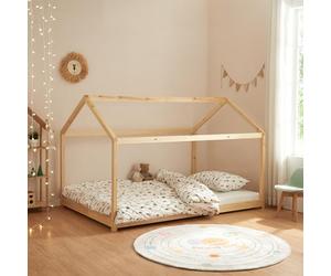 [en.casa] Lit Cabane pour Enfant avec Sommier à Lattes Lit Double en Forme de Maison sans Matelas Capacité de Charge 140 kg Bois de Pin Contreplaqué 140 x 200 cm Naturel