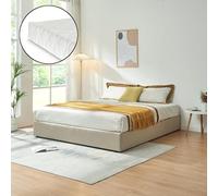 [en.casa] Lit Coffre avec Matelas en Mousse Froide Lit Double avec Sommier à Lattes Rabattable Capacité 500 kg MDF Polyester Contreplaqué Métal Plastique 160 x 200 cm Beige