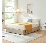 [en.casa] Lit Coffre avec Sommier à Lattes Rabattable Cadre de Lit Double avec Compartiment de Rangement Capacité 500 kg MDF Polyester Contreplaqué Métal Plastique 140 x 200 cm Beige