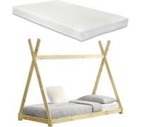 Lit Tipi Pour Enfants Avec Matelas Mousse à Froid Onejda Bois Naturel 200 x 90 cm [en.casa]