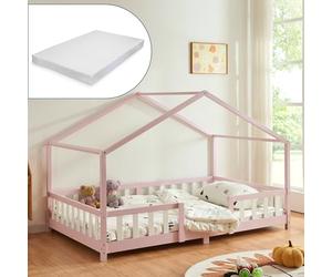 [en.casa] Lit d'enfant Cabane Treviolo 120 x 200 cm Lit Montessori en Forme de Maison avec Matelas Bois de Pin Rose