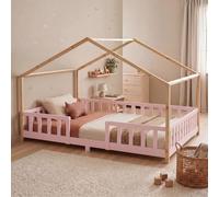 [en.casa] Lit d'enfant Cabane Treviolo 120 x 200 cm Rose Naturel | Lit Montessori en Forme de Maison avec Barrière et Sommier à Lattes Style Scandinave Capacité 200 kg Bois de Pin