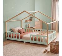 [en.casa] Lit d'enfant Cabane Treviolo 120 x 200 cm Vert Menthe Naturel | Lit Montessori en Forme de Maison avec Barrière et Sommier à Lattes Style Scandinave Capacité 200 kg Bois de Pin