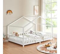 [en.casa] Lit d'enfant Cabane Treviolo 140 x 200 cm Lit Montessori en Forme de Maison avec Barrière et Sommier à Lattes Solide Style Scandinave Capacité de Charge 200 kg Bois de Pin Blanc