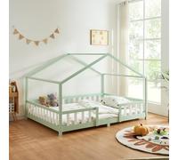 [en.casa] Lit d'enfant Cabane Treviolo 140 x 200 cm Lit Montessori en Forme de Maison avec Barrière et Sommier à Lattes Solide Style Scandinave Capacité de Charge 200 kg Bois de Pin Vert Menthe Blanc