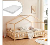 [en.casa] Lit d'enfant Cabane Treviolo 140 x 200 cm Lit Montessori en Forme de Maison avec Matelas Bois de Pin Naturel