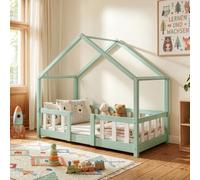 [en.casa] Lit d'enfant Cabane Treviolo 70 x 140 cm Lit Montessori en Forme de Maison avec Barrière et Sommier à Lattes Solide Style Scandinave Capacité de Charge 70 kg Bois de Pin Vert Menthe Blanc