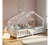 [en.casa] Lit d'enfant Cabane Treviolo 70 x 140 cm Lit Montessori en Forme de Maison avec Barrière et Sommier à Lattes Solide Style Scandinave Capacité de Charge 70 kg Bois de Pin Blanc