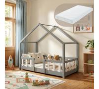 [en.casa] Lit d'enfant Cabane Treviolo 70 x 140 cm Lit Montessori en Forme de Maison avec Matelas Bois de Pin Gris Clair Blanc