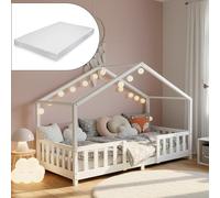 [en.casa] Lit d'enfant Cabane Treviolo 70 x 140 cm Lit Montessori en Forme de Maison avec Matelas Bois de Pin Blanc