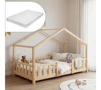 [en.casa] Lit d'enfant Cabane Treviolo 70 x 140 cm Lit Montessori en Forme de Maison avec Matelas Bois de Pin Naturel