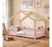[en.casa] Lit d'Enfant Cabane Treviolo 80 x 160 cm Rose Naturel | lit Montessori en forme de maison, avec barrière et sommier à lattes, style scandinave, capacité 80 kg, bois de pin