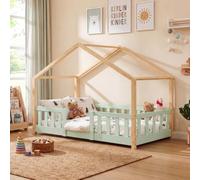 [en.casa] Lit d'Enfant Cabane Treviolo 80 x 160 cm Vert Menthe Naturel | lit Montessori en forme de maison, avec barrière et sommier à lattes, style scandinave, capacité 80 kg, bois de pin