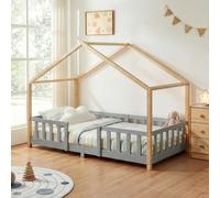 [en.casa] Lit d'enfant Cabane Treviolo 90 x 200 cm Gris Clair Naturel | Lit Montessori en Forme de Maison avec Barrière et Sommier à Lattes Style Scandinave Capacité 120 kg Bois de Pin