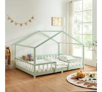 [en.casa] Lit d'enfant Cabane Treviolo 90 x 200 cm Lit Montessori en Forme de Maison avec Barrière et Sommier à Lattes Solide Style Scandinave Capacité de Charge 120 kg Bois de Pin Vert Menthe Blanc