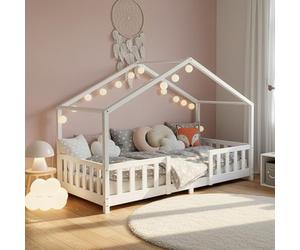 [en.casa] Lit d'enfant Cabane Treviolo 90 x 200 cm Lit Montessori en Forme de Maison avec Barrière et Sommier à Lattes Solide Style Scandinave Capacité de Charge 120 kg Bois de Pin Blanc
