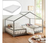 [en.casa] Lit d'enfant Cabane Treviolo 90 x 200 cm Lit Montessori en Forme de Maison avec Matelas Bois de Pin Gris Clair Blanc