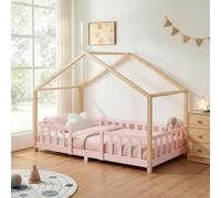 [en.casa] Lit d'enfant Cabane Treviolo 90 x 200 cm Rose Naturel | Lit Montessori en Forme de Maison avec Barrière et Sommier à Lattes Style Scandinave Capacité 120 kg Bois de Pin