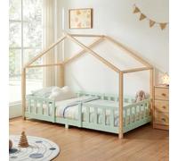 [en.casa] Lit d'enfant Cabane Treviolo 90 x 200 cm Vert Menthe Naturel | Lit Montessori en Forme de Maison avec Barrière et Sommier à Lattes Style Scandinave Capacité 120 kg Bois de Pin
