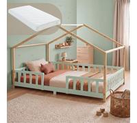 [en.casa] Lit d'enfant Cabane Treviolo Matelas 140 x 200 cm Vert Menthe Naturel