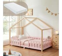 [en.casa] Lit d'enfant Cabane Treviolo Matelas 90 x 200 cm Rose Naturel | Lit Montessori en Forme de Maison avec Barrière de Protection Design Scandinave avec Matelas en Mousse Froide Bois de Pin