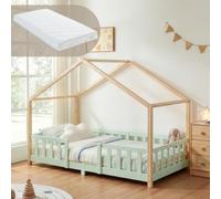 [en.casa] Lit d'enfant Cabane Treviolo Matelas 90 x 200 cm Vert Naturel | Lit Montessori en Forme de Maison avec Barrière de Protection Design Scandinave avec Matelas en Mousse Froide Bois de Pin