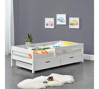 [en.casa] Lit d'enfant Design avec Barrière Anti-Chute et 2 Tiroirs Construction Robuste Capacité de Charge Jusqu'à 100 kg Bois de Pin Contreplaqué 90 x 200 cm Blanc