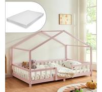 [en.casa] Lit d'enfant Design en Forme Maison avec Grille de Protection avec Matelas à Mousse à Froid Capacité de Charge 150 kg Bois de Pin Contreplaqué 200 x 140 cm Rose Blanc Laqué Mat